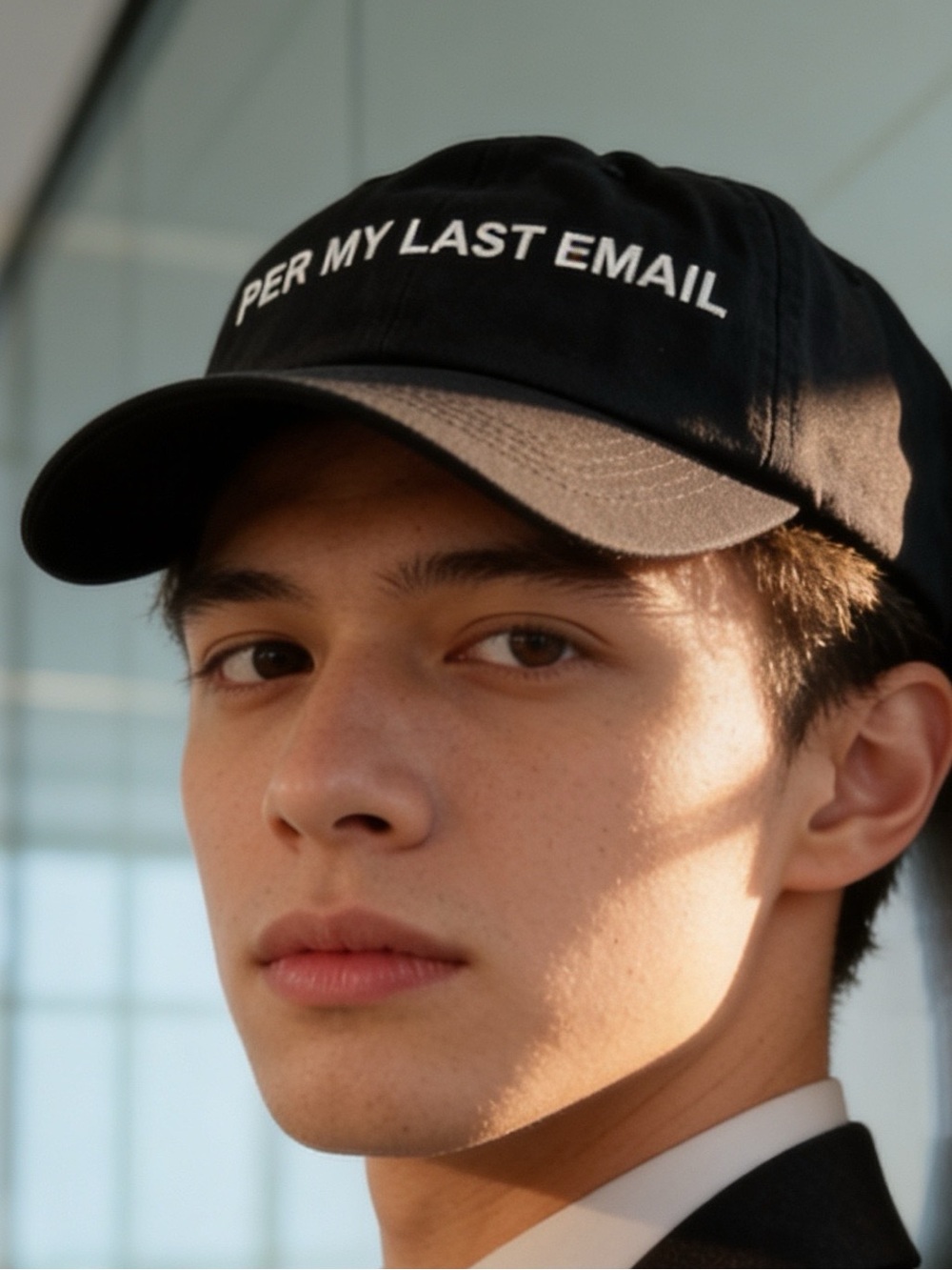 Nordstrom Black Baseball Cap with White Text 'PER MY LAST EMAIL'